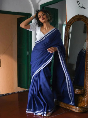 HIYAMI Embroidered Handloom Pure Cotton Saree(Blue, White)