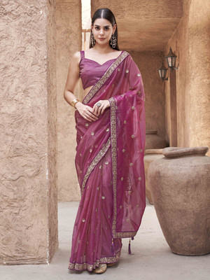 Tikhi Imli Embroidered Bollywood Net Saree(Magenta)