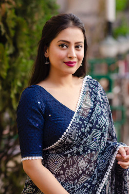 Mirthika Tex Printed, Temple Border Bollywood Georgette Saree(Blue)