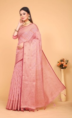 Banaras silk palace Woven, Striped Banarasi Cotton Silk Saree(Pink)