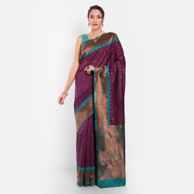 KH Enterprise Striped, Checkered, Paisley, Woven Banarasi Silk Blend, Polyester Saree(Purple)