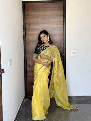 Tasrika Embroidered Bollywood Silk Blend Saree(Yellow)