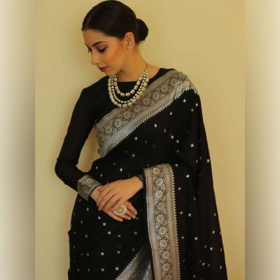 erika Woven Kanjivaram Silk Blend, Art Silk Saree(Black)