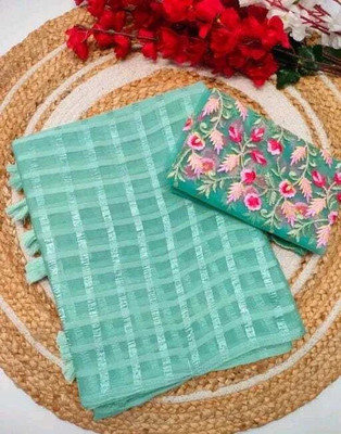 BADE SUHANE Checkered, Embroidered Bollywood Chiffon Saree(Light Blue)