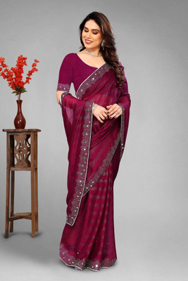 VEERAIVA Embroidered, Self Design Bollywood Chiffon Saree(Magenta)