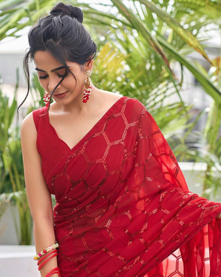 b bella creation Self Design Bollywood Georgette Saree(Red)