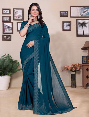 Dharam Creation Printed Bollywood Georgette Saree(Light Blue)