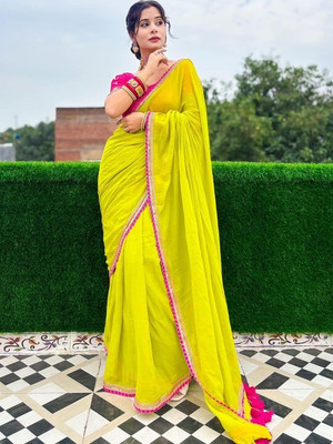 HouseOfCommon Solid/Plain Bollywood Georgette Saree(Light Green)