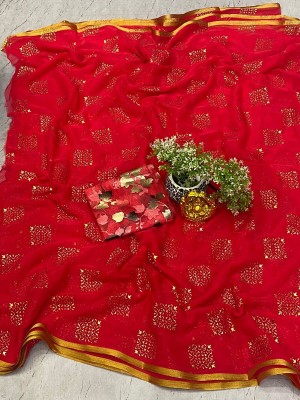 Desi Style Embellished Daily Wear Velvet, Chiffon Saree(Red)