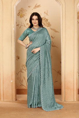 AAINA CREATION Embellished Bollywood Silk Blend Saree(Dark Blue)