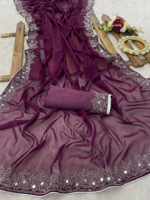 VEERAIVA Applique Bollywood Georgette Saree(Magenta)