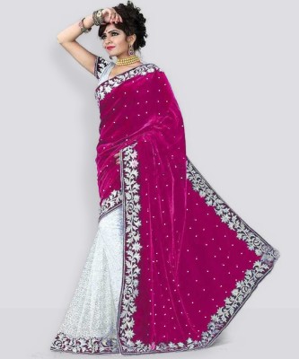 FoogFeb Embellished Bollywood Velvet Saree(White, Pink)