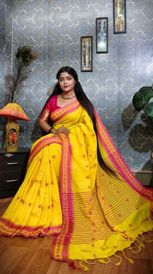 Damudar sarees Woven Handloom Cotton Blend Saree(Yellow)