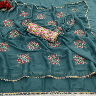 Pemal Designer Embroidered Bollywood Georgette Saree(Light Blue)