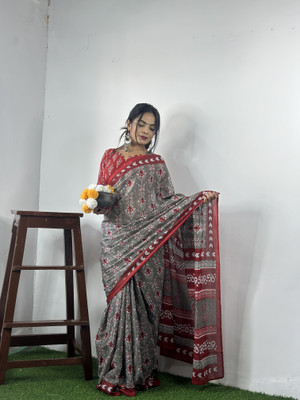 HouseOfCommon Printed Daily Wear Cotton Blend Saree(Grey)