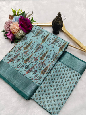 Mervadiya Printed Bollywood Linen, Cotton Linen Saree(Light Blue)