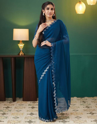BHAGYAVATI DESIGNER Solid/Plain Bollywood Georgette Saree(Dark Blue)