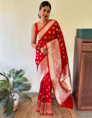 Samah Solid/Plain Kanjivaram Silk Blend, Jacquard Saree(Red)