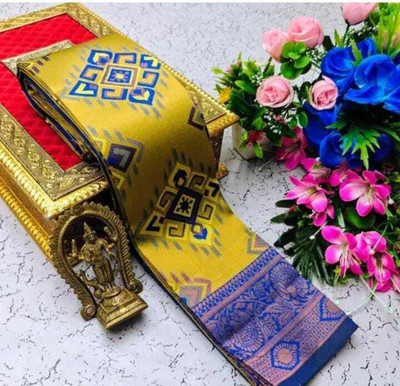 het designer studio Floral Print, Embroidered, Woven, Self Design Banarasi Jacquard, Art Silk Saree(Gold, Blue)