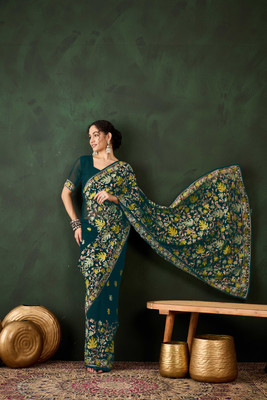 ShopGlobal Embroidered Banarasi Georgette Saree(Green)