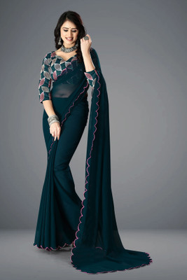 TEN R Woven Kanjivaram Silk Blend, Chiffon Saree(Blue)