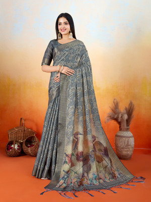 Tasrika Woven Kalamkari Tissue Saree(Grey)