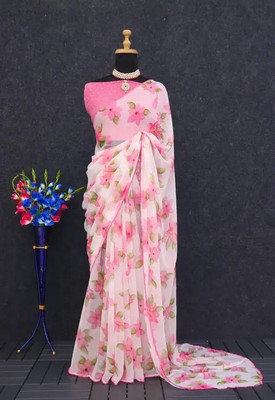 JMCLOTH Floral Print Saree with Attached Blouse Chiffon Saree(Pink)