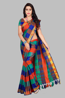 Shaibo saree Checkered Daily Wear Cotton Silk Saree(Multicolor)