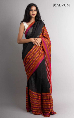Sthaker Self Design Tant Pure Cotton Saree(Black, Red)