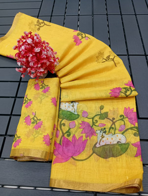 AARAANA Floral Print Kanjivaram Linen, Cotton Linen Saree(Yellow)
