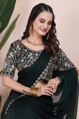 K 5 FASHION Embroidered Bollywood Chiffon Saree(Dark Green)