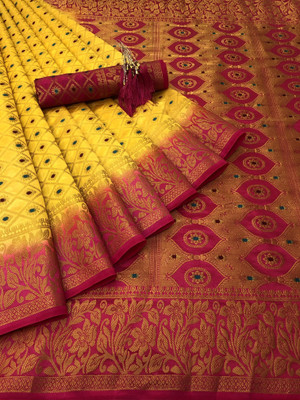 GajGajra Self Design Kasavu Silk Blend Saree(Gold, Pink)