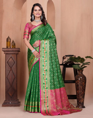 Satrani Woven Banarasi Silk Blend Saree(Green, Gold)