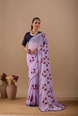SILKORA Embroidered Bollywood Georgette Saree(Purple)