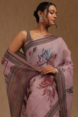soch Floral Print Saree with Attached Blouse Linen Saree(Purple)