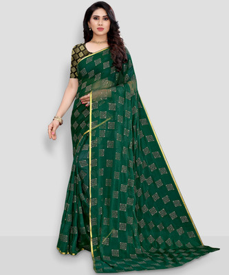 FABMORA Embellished, Printed Bollywood Chiffon Saree(Dark Green)