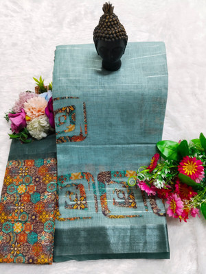 HangerStories Printed Kanjivaram Linen, Cotton Linen Saree(Light Blue)