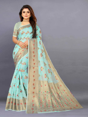 Julee Woven Daily Wear Cotton Blend Saree(Light Blue)