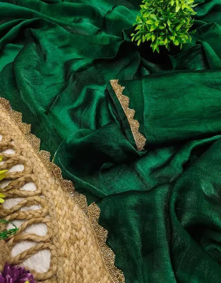 Aamvii Solid/Plain Bollywood Chiffon, Pure Silk Saree(Dark Green)