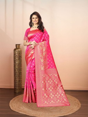 Ethnic Trendz Self Design, Woven Kanjivaram Cotton Silk, Pure Silk Saree(Pink)