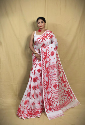 Ayanti Fashion Woven Jamdani Cotton Silk Saree(White, Red)