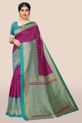 Grubstaker Printed Assam Silk Art Silk Saree(Purple, Green)