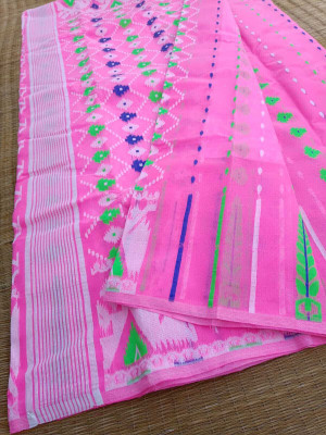 Dristikone Woven Jamdani Pure Cotton Saree(Pink)