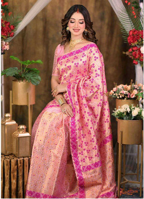 vrajnetic Woven Mekhela Chador Pure Silk Saree(Pink)