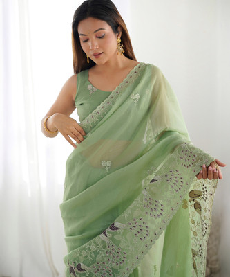 Satrani Embroidered, Embellished Bollywood Silk Blend Saree(Green)