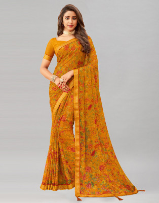 Divastri Dyed, Floral Print, Embellished Bollywood Chiffon Saree(Yellow)