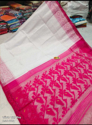 Hiya saree And Punjabi house Self Design Jamdani Cotton Blend Saree(White, Pink)