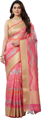 Kalindri Woven, Printed Kota Doria Cotton Silk Saree(Gold, Beige)