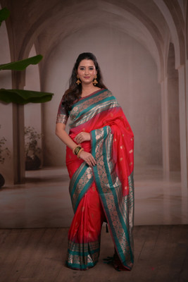 HouseOfCommon Woven Banarasi Cotton Silk Saree(Red)