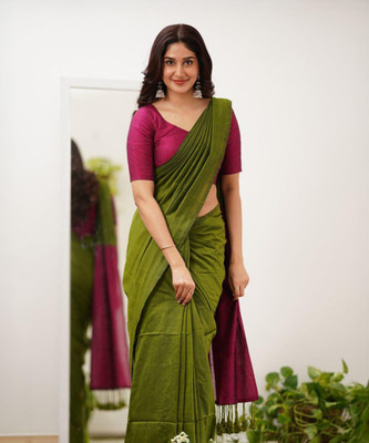 ACHOL Solid/Plain Handloom Pure Cotton Saree(Light Green)